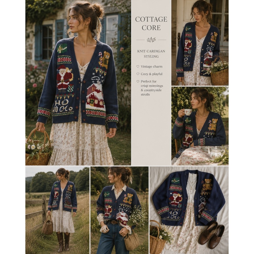 Vintage Maggie Lawrence Christmas Cardigan Navy Blue Santa Teddy Bear Large